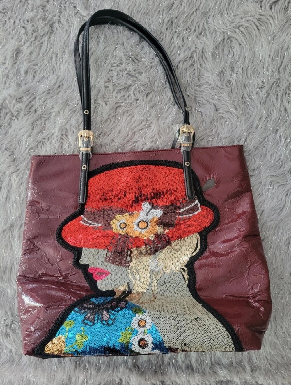 Original By SHARIF Sequin Tote Bag Purse # 1827 Woman With Hat New Wine FLAWED